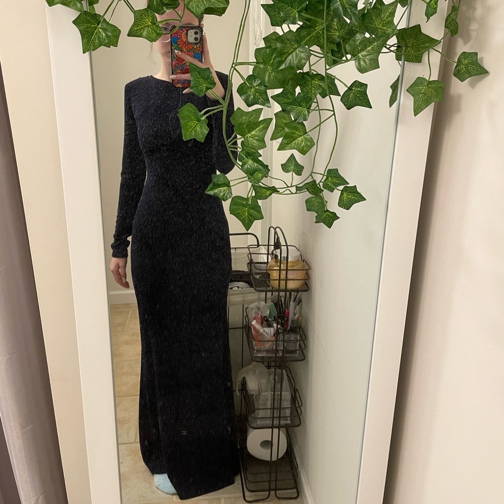 long sparkly navy blue prom dress